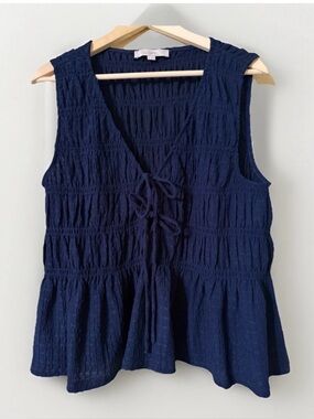 Loft blue smocked sleeveless deep V-Neck blouse